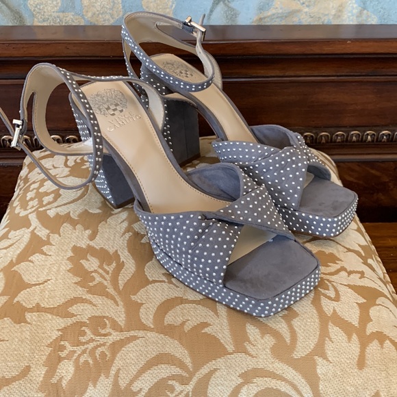 NIB “Vince Camuto” taupe beaded trim ankle strap suede sandal - Picture 3 of 7